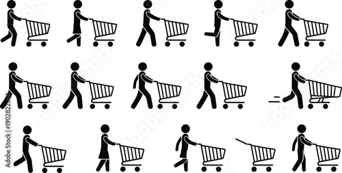 Shopping cart people icons collection, customers pushing trolleys in different walking poses, retail consumer behavior symbols, minimalist black vector illustration isolated on white background