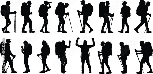 Set of hiking people silhouettes with backpacks and trekking poles, outdoor adventure hikers walking resting celebrating, black vector illustration isolated on white background