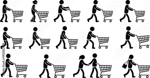 Shopping cart people icons set, customers pushing trolleys and carrying bags, retail consumer activity symbols, minimalist black vector illustration isolated on white background
