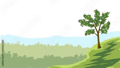 A single green tree on a grassy hill overlooking a soft, misty forest. Peaceful minimalist landscape for eco-friendly designs.