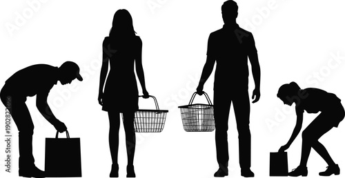 Shopping people silhouettes collection, men and women carrying grocery baskets and bags, retail consumer activity concept, black vector illustration isolated on white background