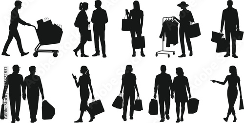 Shopping people silhouettes collection, men and women retail activities with bags and carts, modern consumer lifestyle scenes, elegant black vector illustration set