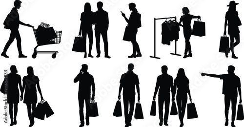 Shopping people silhouettes collection, men and women retail scenes with bags carts and clothing racks, modern consumer lifestyle activities, black vector illustration
