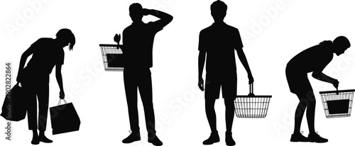 Shopping people silhouettes holding baskets and bags, male and female grocery shoppers standing and bending poses, retail lifestyle vector illustration isolated