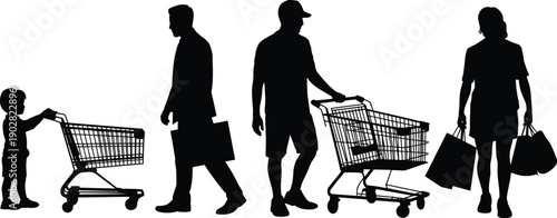Shopping people silhouettes set, family members with carts and shopping bags, supermarket retail consumer lifestyle scene, minimalist black vector illustration isolated on white background
