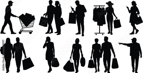 Shopping people silhouettes set, men and women retail activities with bags carts and clothing racks, modern consumer lifestyle scenes, black vector illustration