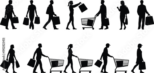 Shopping people silhouettes set, walking customers with bags and carts, retail lifestyle concept, cad drawing flat vector illustration, isolated black