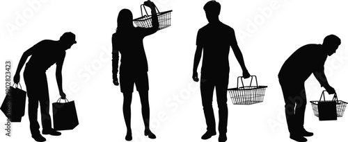 Shopping people silhouettes with baskets and bags, male and female grocery shoppers in standing and bending poses, retail lifestyle vector illustration