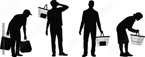Shopping people silhouettes with baskets and bags, male and female grocery shoppers standing bending poses, retail lifestyle vector illustration isolated