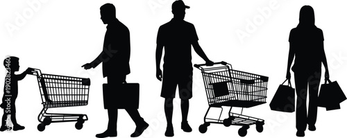 Shopping people silhouettes, family and individuals with carts and bags, supermarket retail consumer lifestyle concept, minimalist black vector illustration isolated on white background