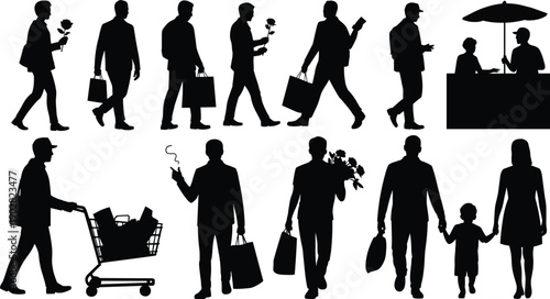 Shopping people silhouettes set, men women and family walking with bags flowers carts and street vendor, retail lifestyle concept, black vector illustration isolated