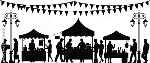 Street market silhouettes with festive banners, people shopping at outdoor stalls and tents, community fair retail lifestyle scene, elegant black vector illustration