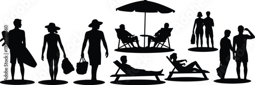 Summer beach lifestyle silhouette vector illustration showing people walking, relaxing on sun loungers, couples standing together, vacation leisure concept black design