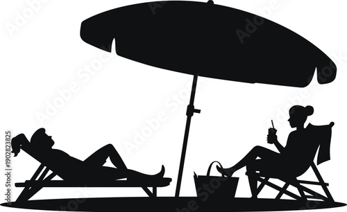 Summer beach vacation silhouette illustration showing relaxing couple on sun loungers under umbrella, seaside leisure travel holiday concept black vector design