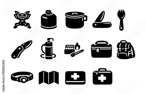 Camping essentials icons: stove, backpack, knife, first aid kit, map