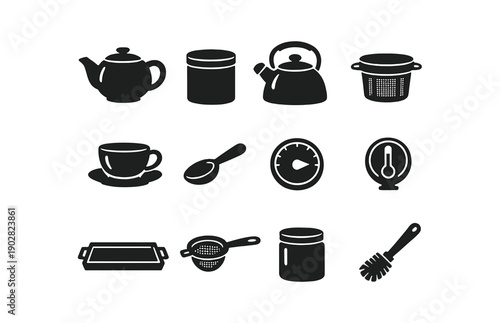 Teapot, kettle, kitchen utensils, tea time icons set in black and white
