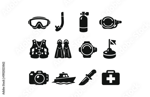 Diving equipment icons: mask, snorkel, tank, regulator, vest, fins, compass, buoy, camera, boat, knife, first aid