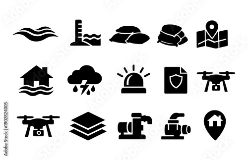 Emergency preparedness icons: weather, drone, mapping, safety, home