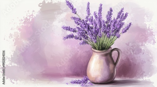 A detailed watercolor painting of a vibrant lavender bouquet arranged in a ceramic jug on a soft pastel background.