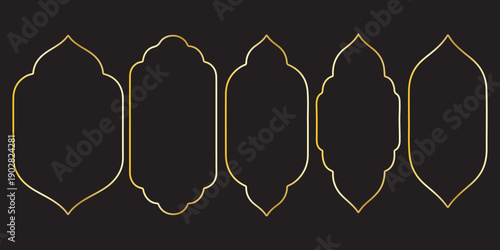 Old mosque windows shape in oriental style. Islamic door set, flat arabic frames or arabian arches silhouette. Muslim architecture geometric design elements, moroccan minimal arcs. Ramadan kareem gate