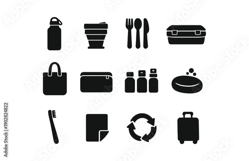 Silhouette icons of eco-friendly travel essentials and reusable items