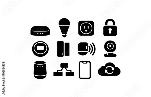 Home automation and smart device icon set: lock, speaker, light bulb, wi-fi, plug, security camera