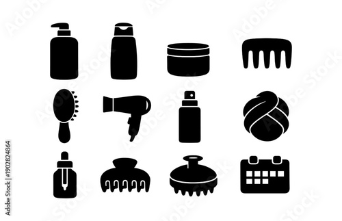Silhouette icons of hair care products and styling tools