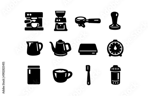 Coffee brewing essentials: espresso machine, grinder, tamper, kettle, scale, timer, cup
