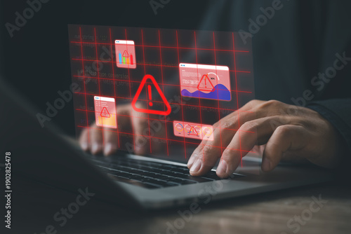 AI risk detection and warning interface on digital system. Business professional monitoring artificial intelligence alerts for errors, threats, data issues, security risks, and system performance prob