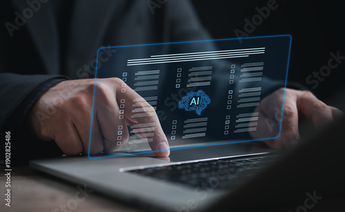 Artificial intelligence checklist interface for automated review and evaluation. Business professional using AI system to verify data, process tasks, ensure accuracy, compliance, and efficient digital