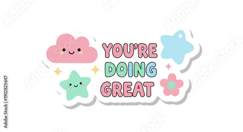 Colorful encouragement sticker with smiling cloud and stars