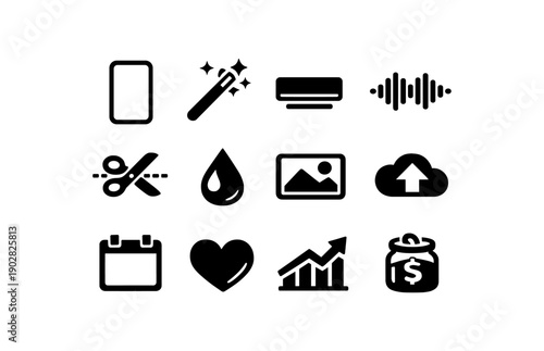 Icon set: smartphone, magic wand, battery, soundwave, scissors, drop, image, cloud, calendar, heart, graph, money bag