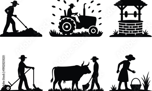 Traditional farming silhouette set showing farmer plowing soil, tractor agriculture, water well, cattle care, rural village activities, black vector illustration