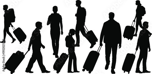 Travelers silhouettes with rolling luggage, people walking and standing in airport or transit scenes, black vector illustration set isolated on white background