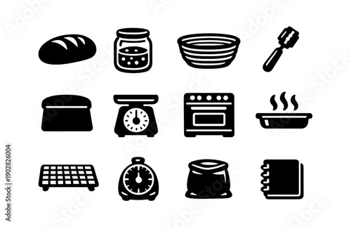 Black and white bread baking icons with oven, timer, and baking tools