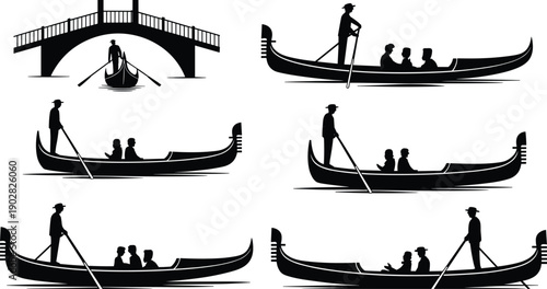 Venice gondola silhouette set with gondolier and passengers, traditional boats on canal under bridge, black vector illustration isolated on white