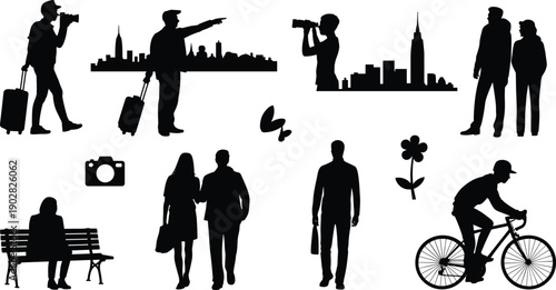 Urban people silhouettes collection showing travel photography walking cycling and city skyline activities, modern lifestyle black vector illustration isolated on white background