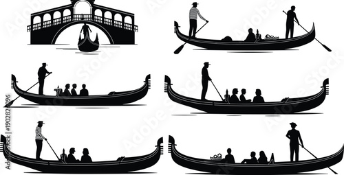 Venice gondola silhouettes with gondolier and passengers, traditional boats on canal near bridge, black vector illustration set isolated on white