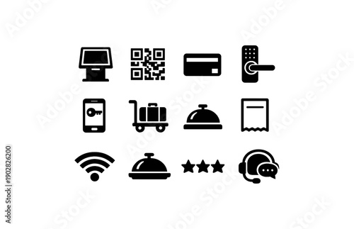 Hotel service icons: keycard, wifi, luggage, concierge, room service, qr code