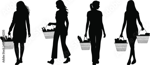 Women grocery shopping silhouettes, female figures walking with baskets, everyday consumer lifestyle scenes, elegant black vector illustration set for adobe stock use