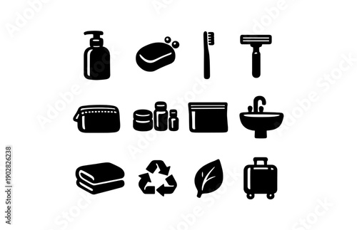 Essential bathroom icons: soap, toothbrush, razor, skincare, sink, recycling, travel