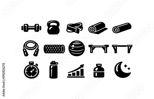 Fitness equipment icons: dumbbell, kettlebell, resistance bands, yoga mat, stopwatch