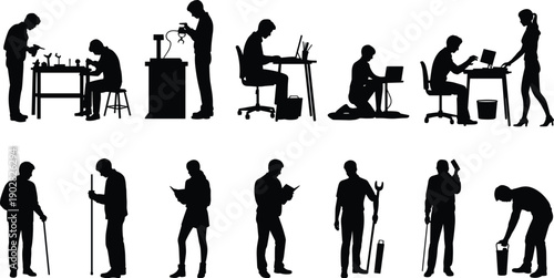 Working people silhouettes set, office staff technicians and labor workers activities, professional occupations collection, daily job scenes, black vector illustration