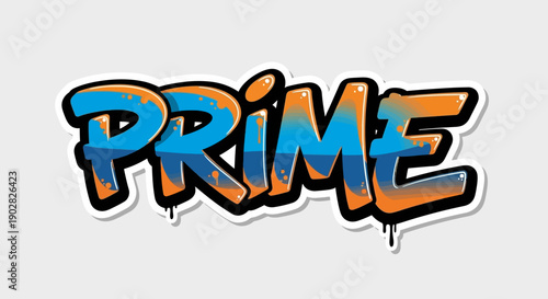 Vibrant graffiti style text PRIME in bold blue and orange hues
