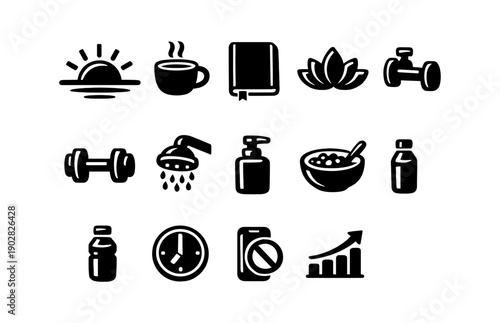 Healthy lifestyle icons set: sunrise, coffee, book, yoga, fitness, nutrition, wellness