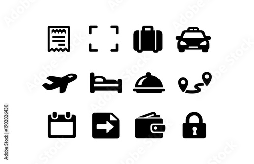 Travel and hospitality icons: luggage, taxi, airplane, hotel, dining, navigation, security