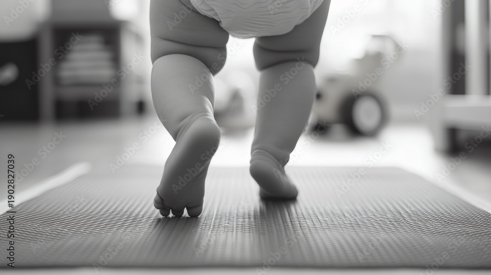 Obraz premium A baby taking first steps on a mat indoors.