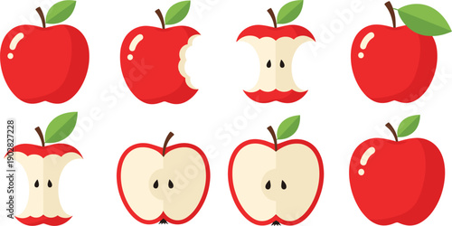 Red Apple Collection with Whole Sliced Bitten and Core Pieces Isolated on White Background Flat Vector Illustration