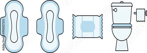 Sanitary Pad and Feminine Hygiene Products Set with Toilet Isolated on White Background Flat Vector Illustration