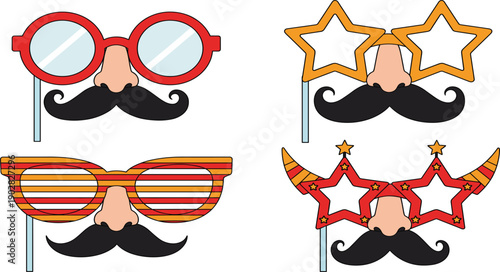 Funny Party Glasses with Mustache and Star Frames Photo Booth Props Isolated on White Background Flat Vector Illustration